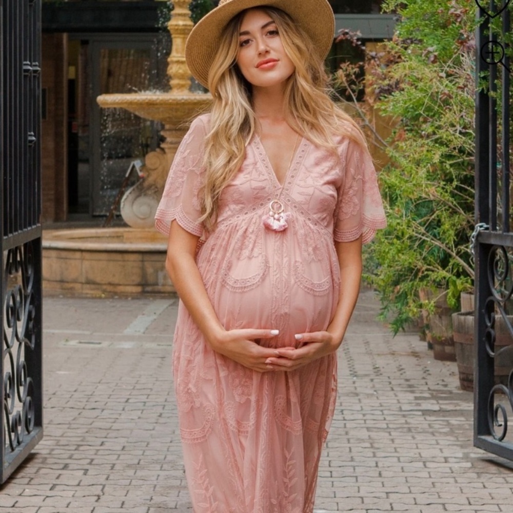 PinkBlush Light Pink Lace Mesh Overlay Maternity Maxi Dress
